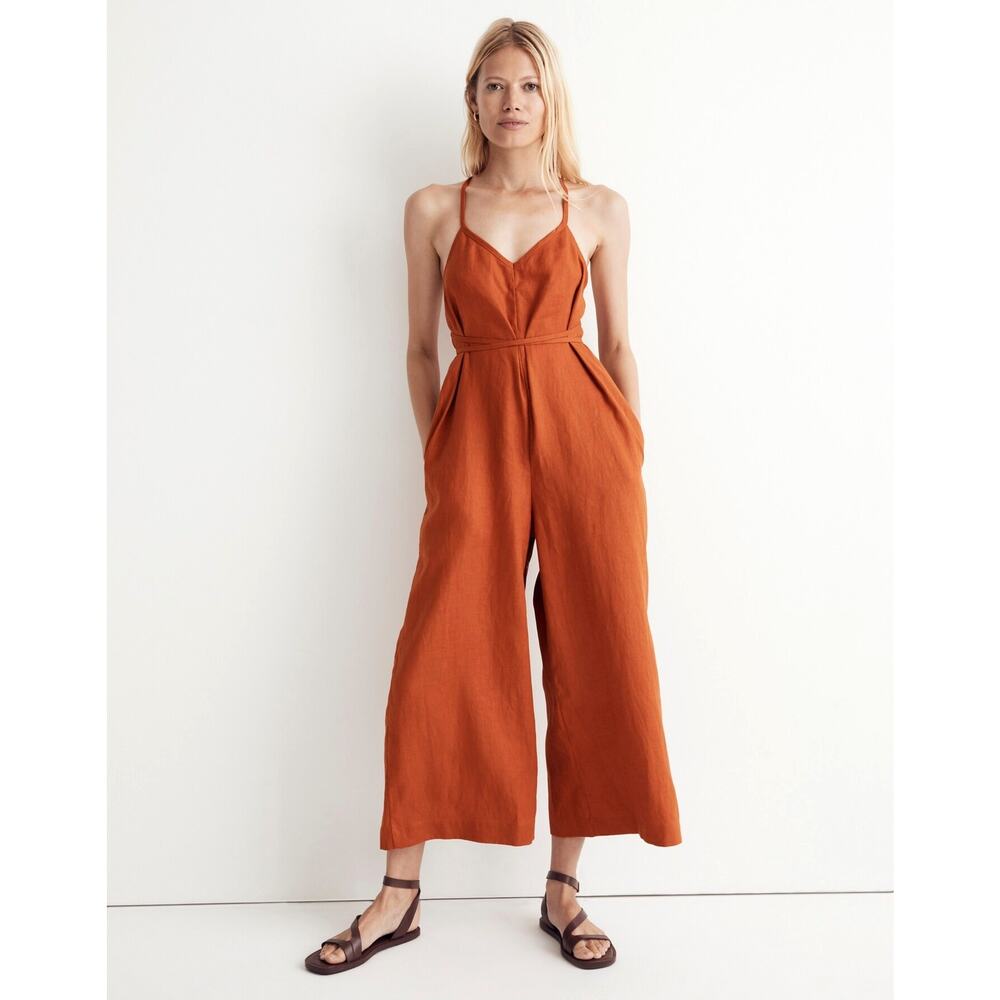 Madewell 100% Linen wide leg cross back jumpsuit rusted orange color size 0